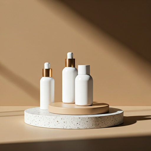 Minimalist luxury skincare bottles on a stone surface with soft shadows
