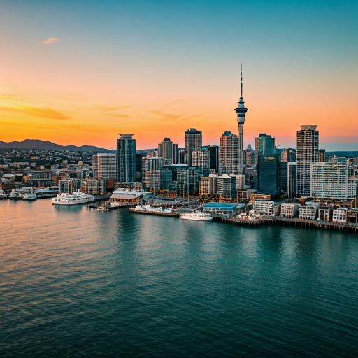 Aerial view of Auckland waterfront at sunset with warm orange and teal hues